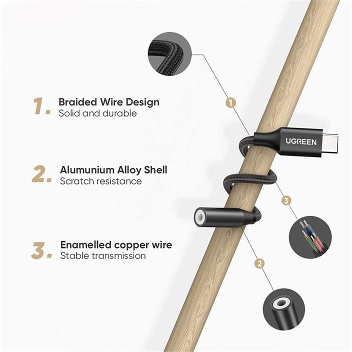 UGREEN Converter Splitter Type C To Jack 3.5mm For Oppo Mi Realme Vivo Audio, Call, Open Mic Game - 