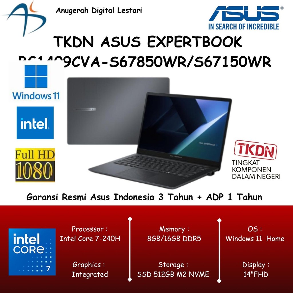 TKDN Asus ExpertBook BG1409CVA-S67850WR/S67150WR Core 7-240H 8GB/16GB SSD 512GB 14"FHD IPS WIN 11 Ho