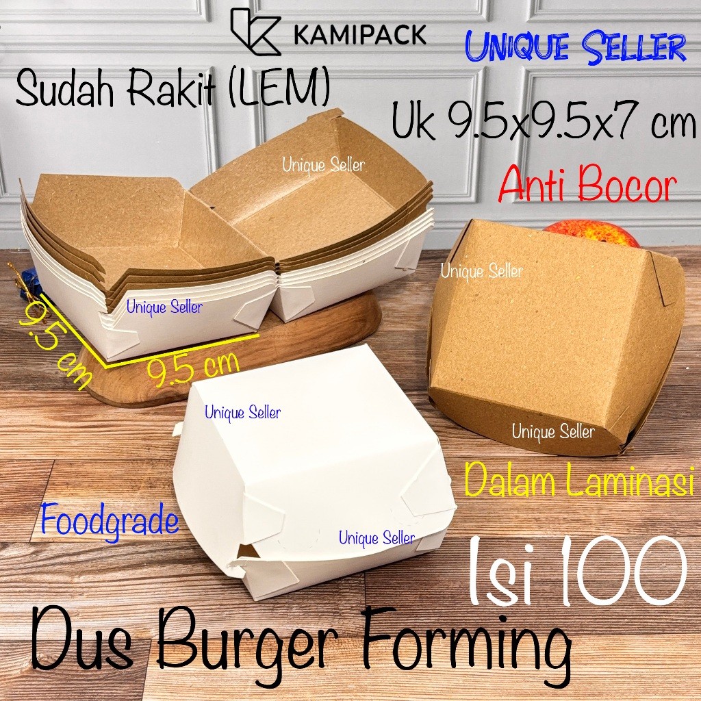 Dus Box Burger Forming (LEM) isi 100 pcs Uk 9.5x9.5x7 cm Anti Bocor Laminasi KAMIPACK Kraft Coklat I