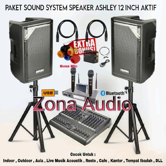 Paket Sound System Indoor Outdoor Speaker Ashley 12 Inch Aktif Mixer 12 Channel Usb Bluetooth Garans