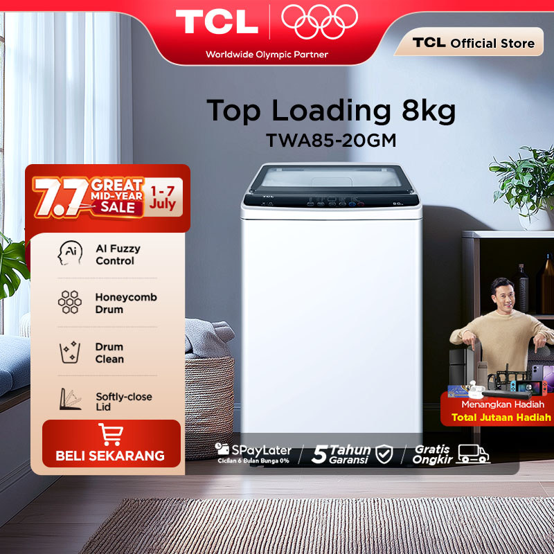 TCL Mesin Cuci 1 Tabung - Top Loading 8 KG - Honeycomb Crystal Drum - Auto Cleaning - Eight Wash Pro