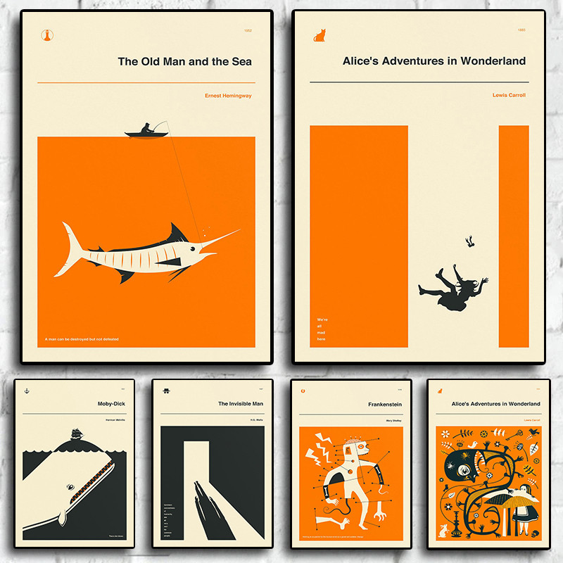 

Classic Book Cover Moby-Dick Alice in Wonderland Minimalist Poster Print Canvas Painting Wall Art Pictures for Room Home Decor