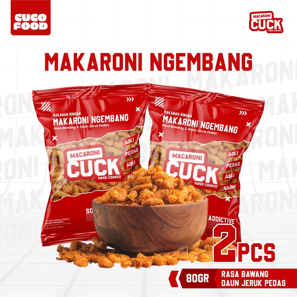 

Macaroni Cuck Makaroni Ngembang Daun Jeruk 2 pcs x 80 Gram Kemasan Reguler Snack Cemilan Pedas Asin Keripik Cugo Food