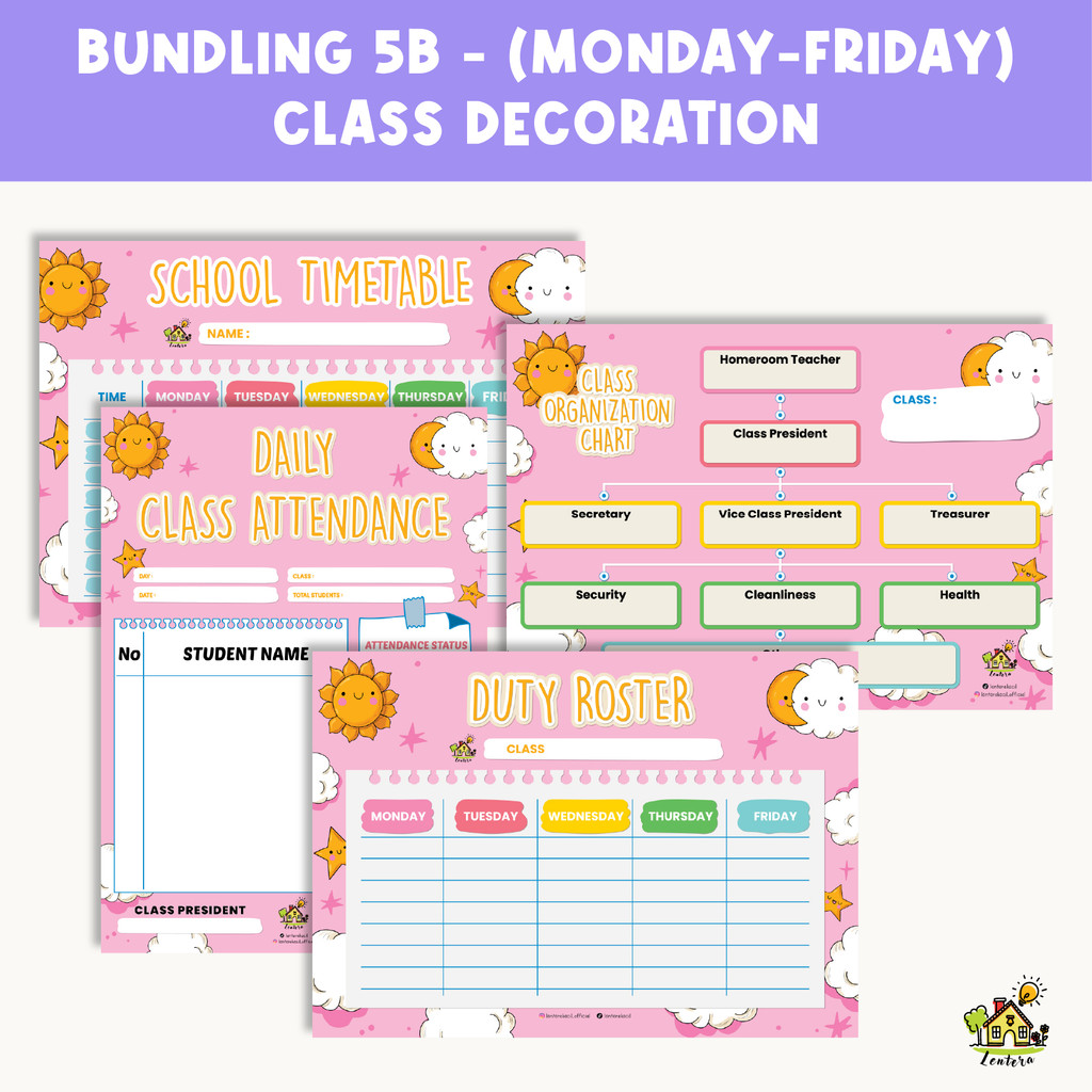 

BUNDLING Package (MONDAY–FRIDAY) 4pcs Posters – Class Schedule, Class Structure, Duty Roster, School Attendance | School Timetable Wipe and Clean | Classroom Decoration Wall Display Teaching Aids for Elementary, Junior High, and Senior High School