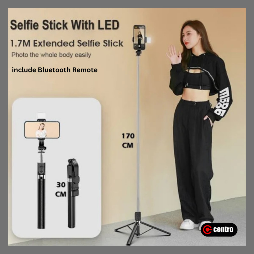 Tripod Bluetooth Remote tinggi 1.7 Meter Dengan Led Lampu | Tongsis Hp Stand Holder Konten Kreator T