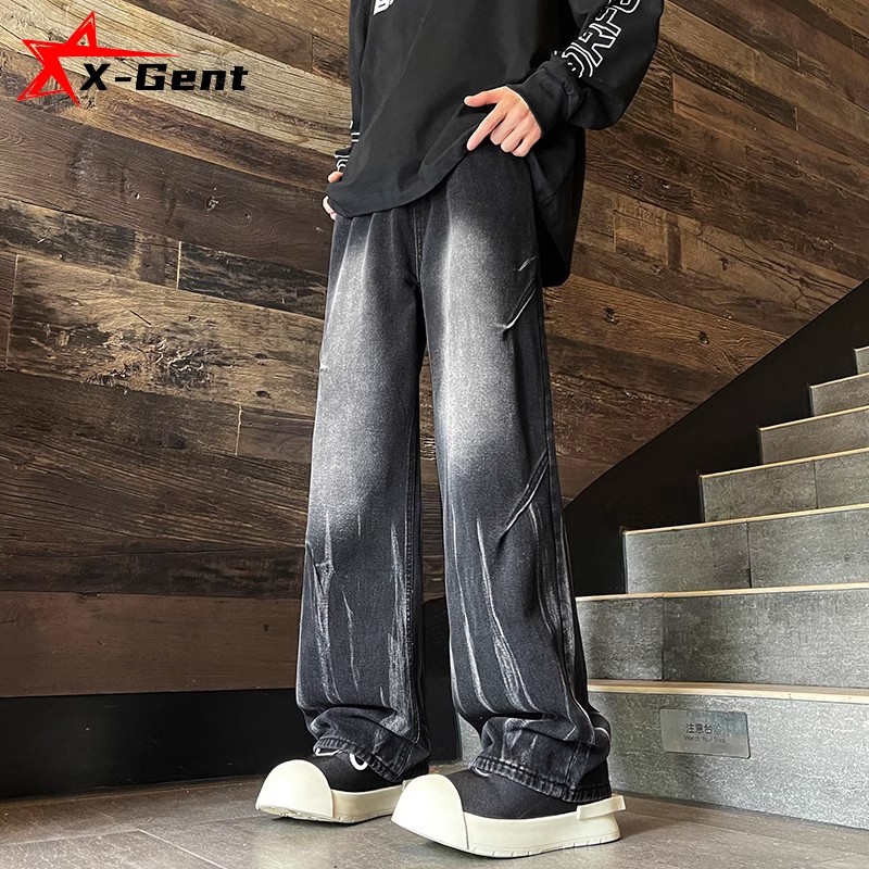 HERBERTSHOP X-Gent celana gombrong jeans abu hitam pria/wanita unisex kulot jumbo baggy denim selved