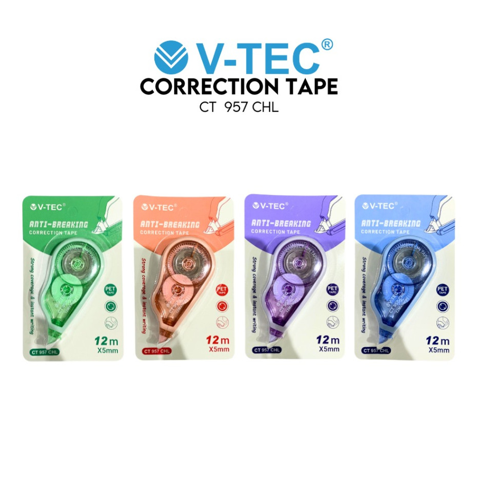 

V-TEC CT 957 Correction Tape 12M | Tipex Kertas PET Tape Praktis & Rapi