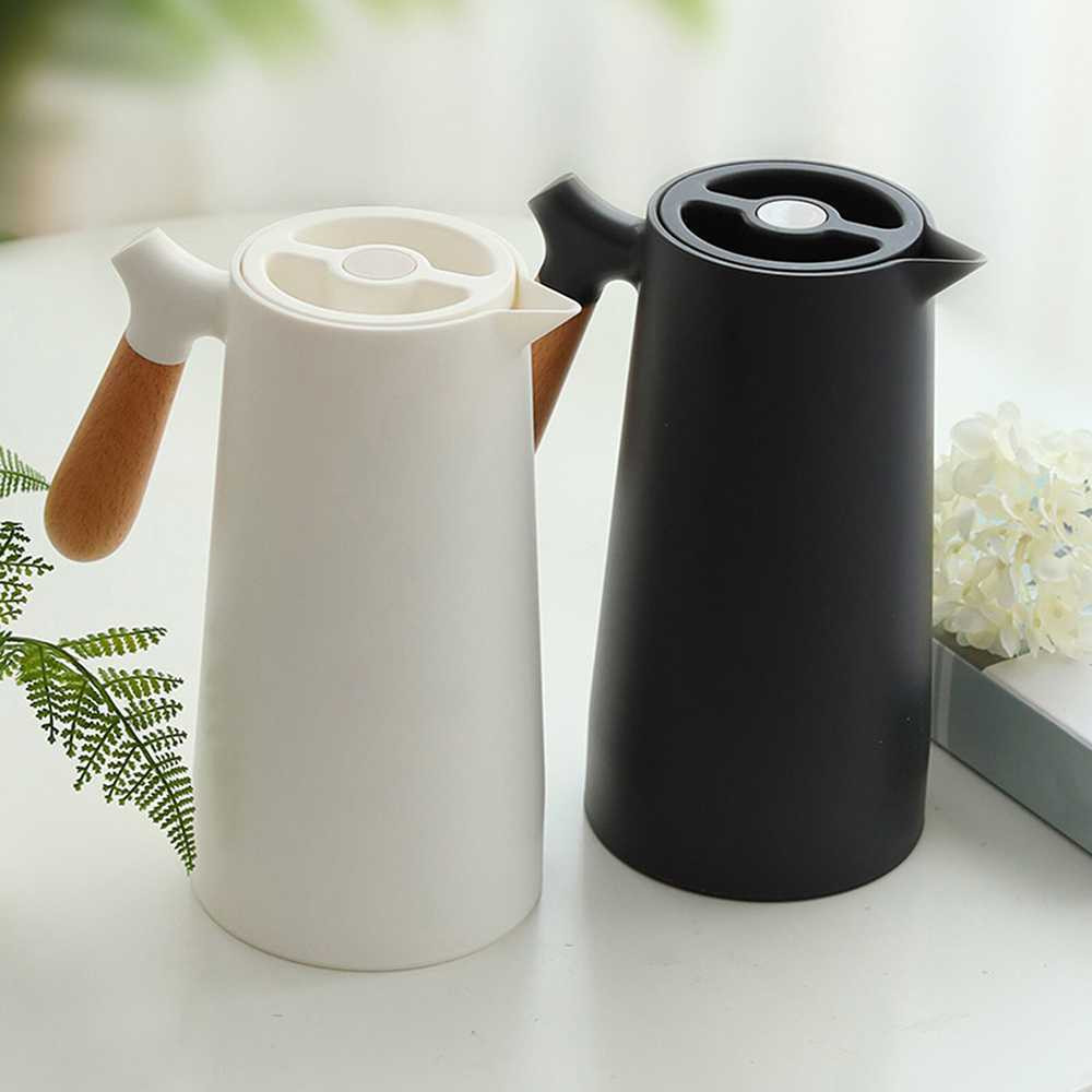 Termos Kaca Tahan Air Panas 24 Jam Aesthetic Gagang Kayu 1 Liter Pencet Teko Desain Pitcher Kopi Teh