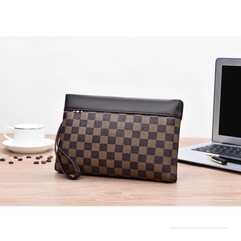 Handbag PU Leather Netherland Ribbon Motif Kotak-kotak / Coklat / Clutch bag Tas Tangan Pria Dan Wan