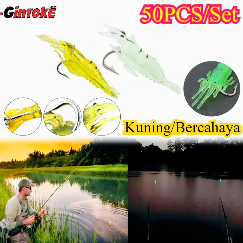 50Pcs/Set Bercahaya SoftLure /Umpan Udang Buatan 4cm/Umpan Pancing Udang Tiruan Kecil Dengan Kail