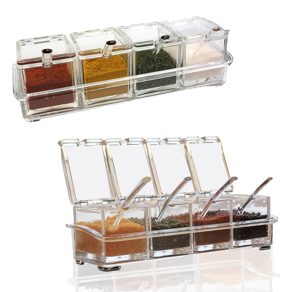 Clear Seasoning Box, Set of 4 Crystal Seasoning Storage Container with Spoon Clear Seasoning Rack Sp
