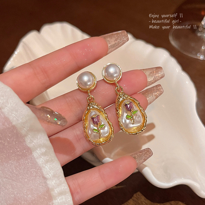 Monet Garden Pearl Flower anting pejantan Anting vintage Prancis Telinga selebriti internet
