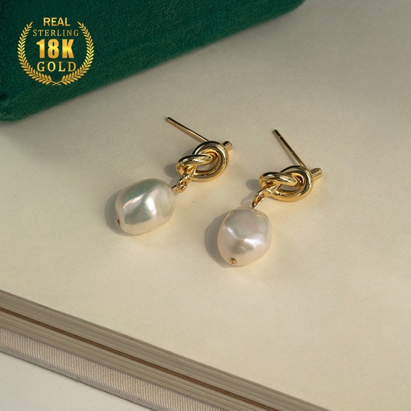 Anting Mutiara Barok Vintage Prancis 18K Emas Anting Panjang Wanita