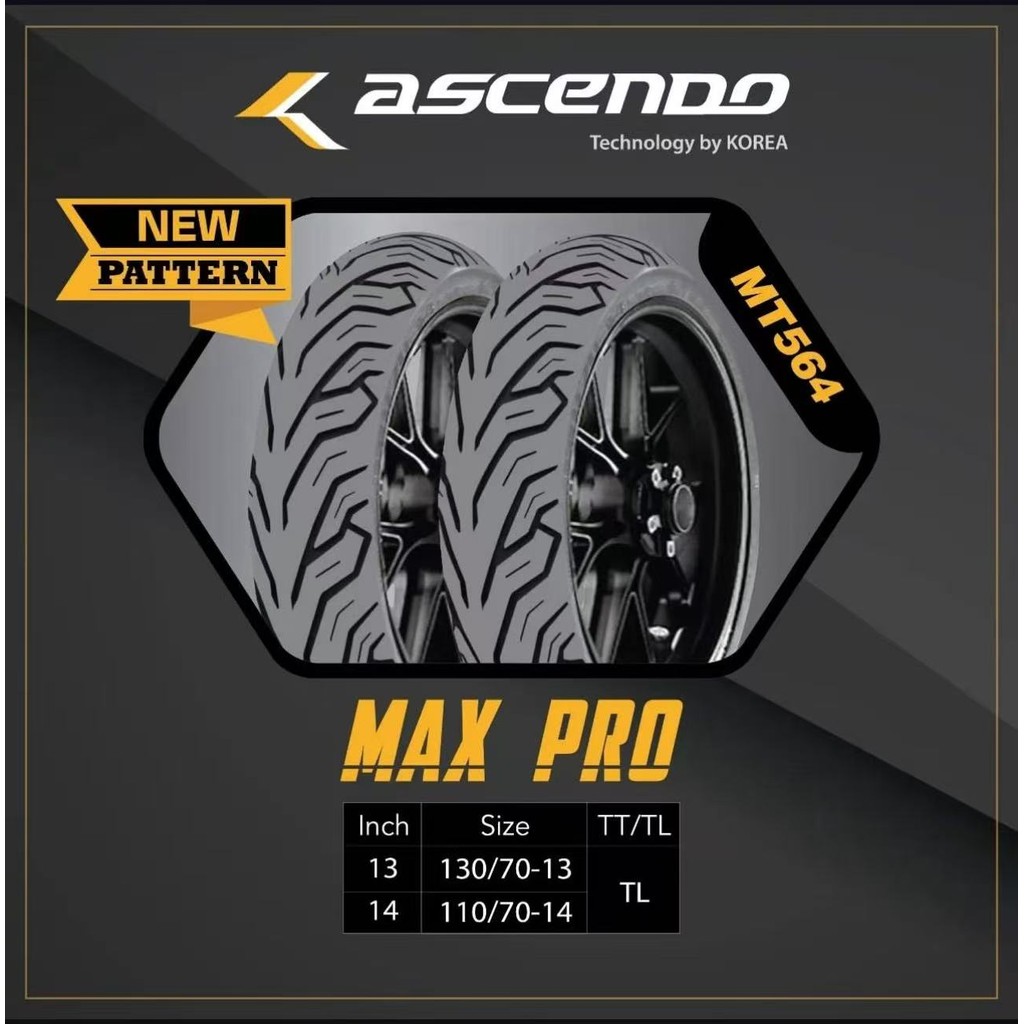 BAN LUAR MOTOR ASCENDO 90/90-14 RING 14 TL TUBELESS MAX PRO