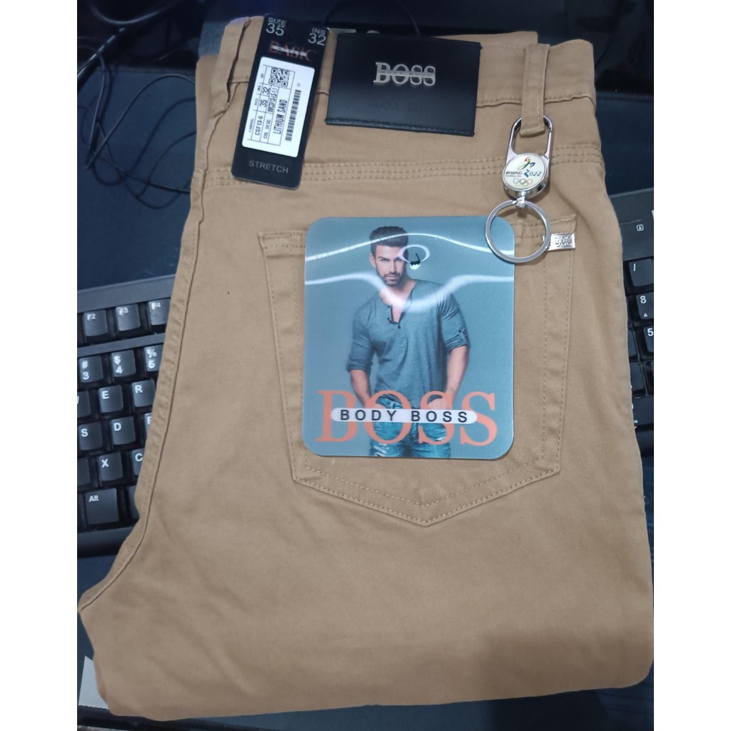 BODYBOSS JEANS CELANA Panjang Pria DENIM Warna Coklat Dan Cream STRETCH STANDARD