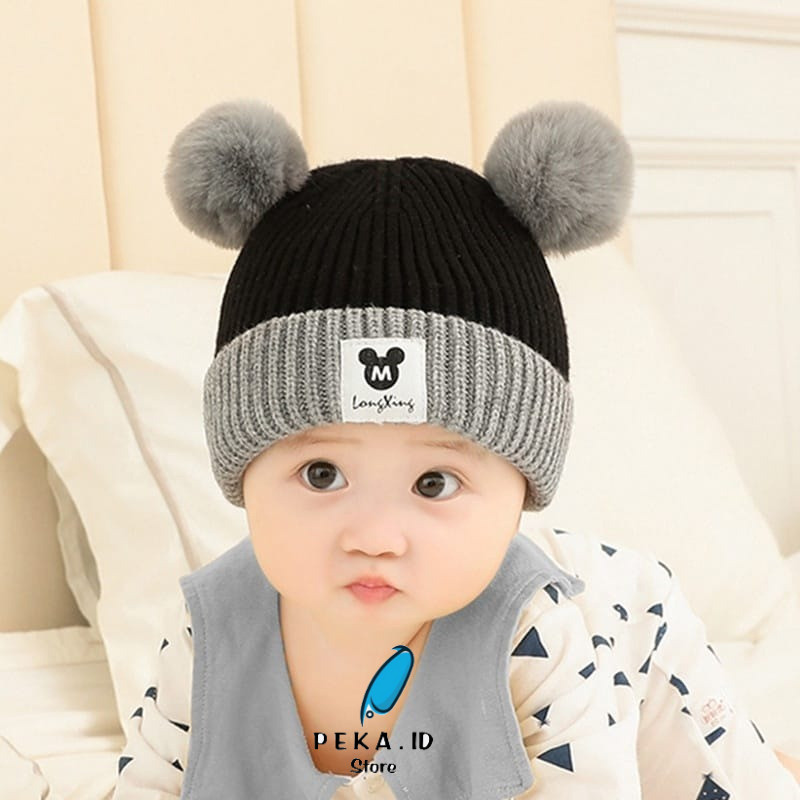 Topi kupluk Bayi laki laki / Ciput Bayi perempuan rajut / ciput pompom motif mickey mouse Lucu Bahan
