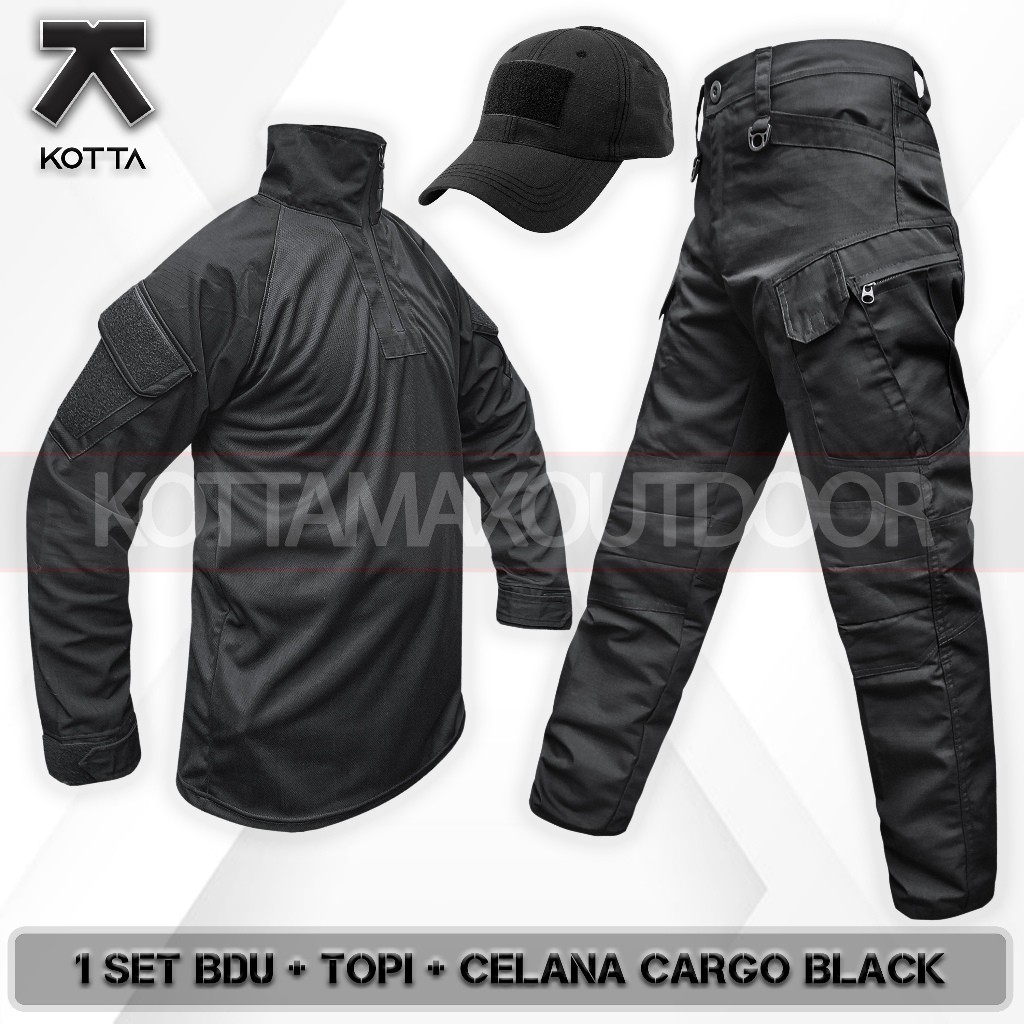 RIRUSHOP Satu Set Baju BDU Tactical Lengan Panjang Topi Tactical Velcro Hitam Celana Cargo Tactical 
