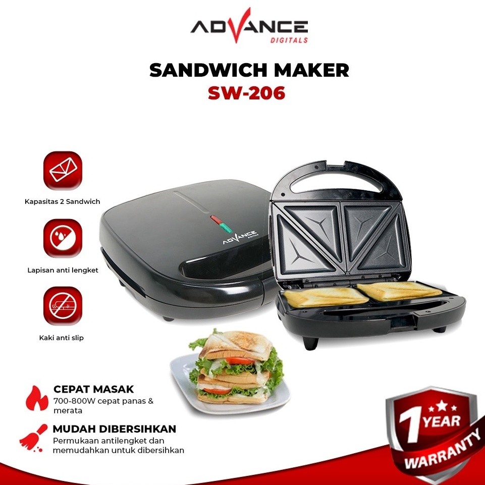 Advance SW-206 Sandwich Maker - Alat Pemanggang Roti Teflon Anti Lengket 750W
