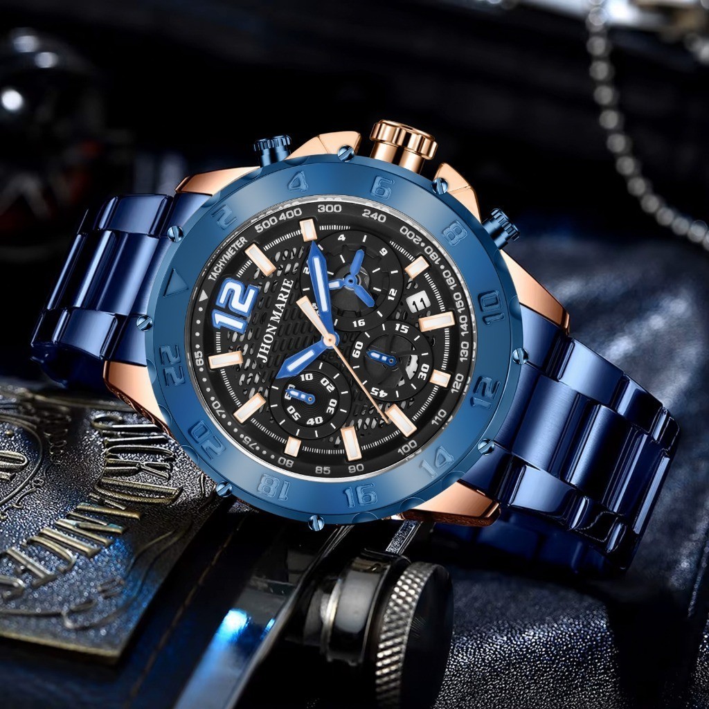 Jam Tangan Pria Jhon Marie 9507 Chrono Stainless Steel Original Blue Saffier Bergaransi 12 Bulan [Te