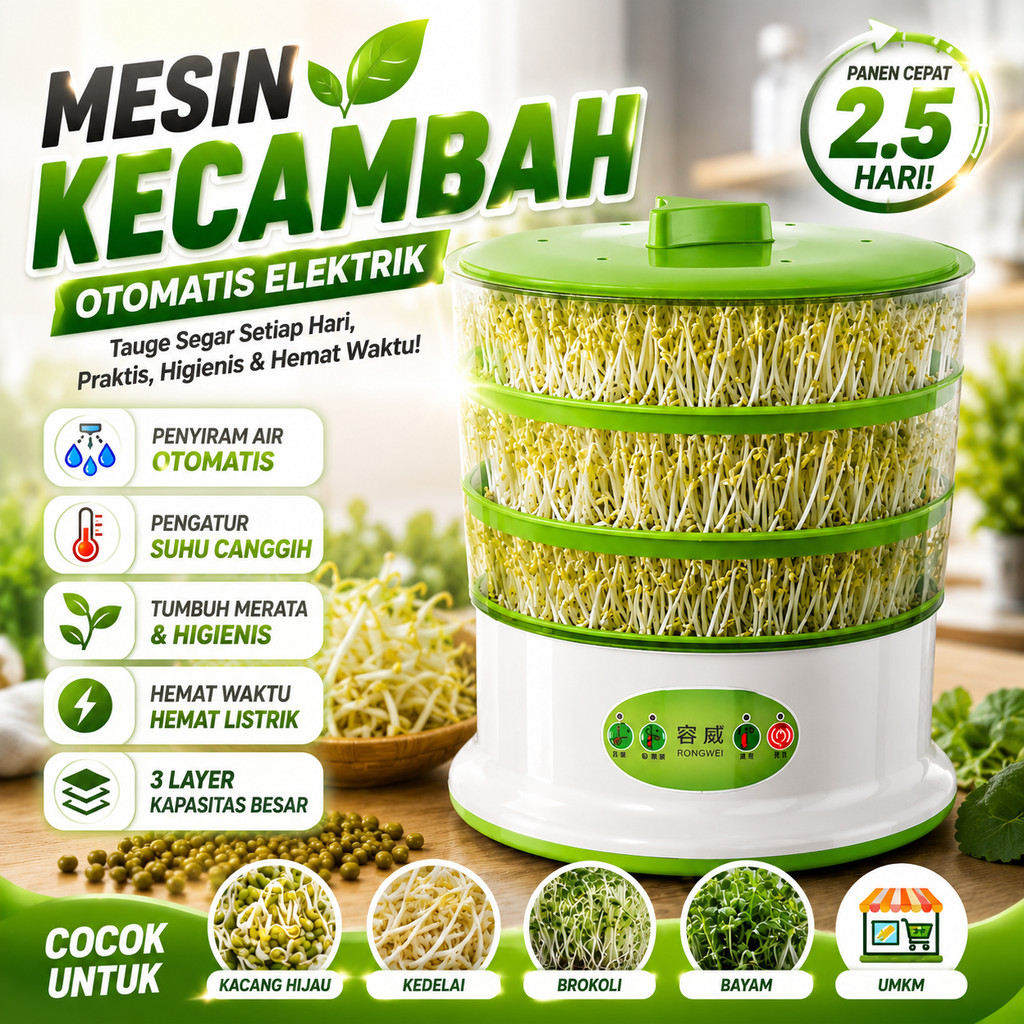 Mesin Kecambah Otomatis Elektrik Pembuat Tauge Sprout Maker 3 Layer Penyiram Air Auto Pengatur Suhu 