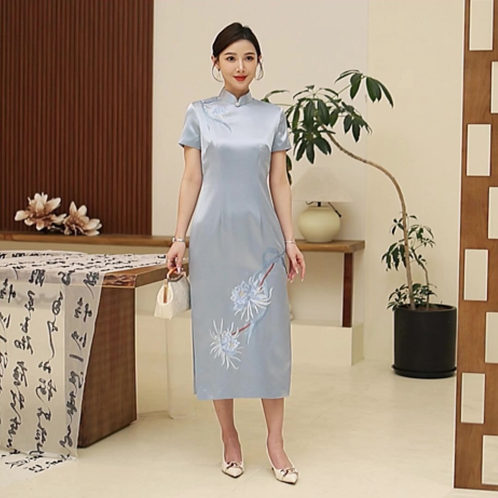 20266v Gaun wanita baru elegan Cheongsam Retro biru