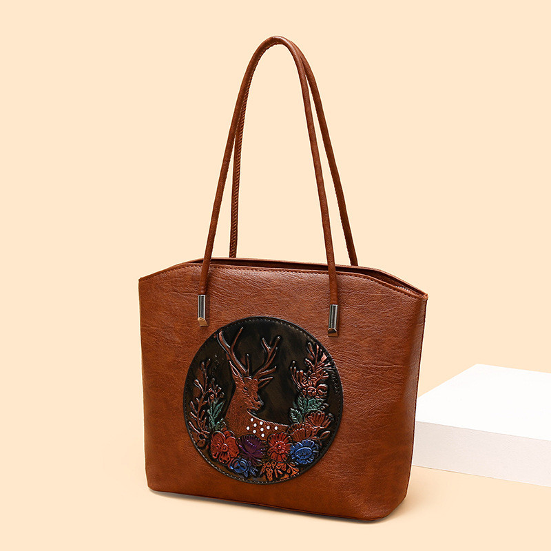 Tas utusan bahu wanita kulit retro pola rusa diimpor asli