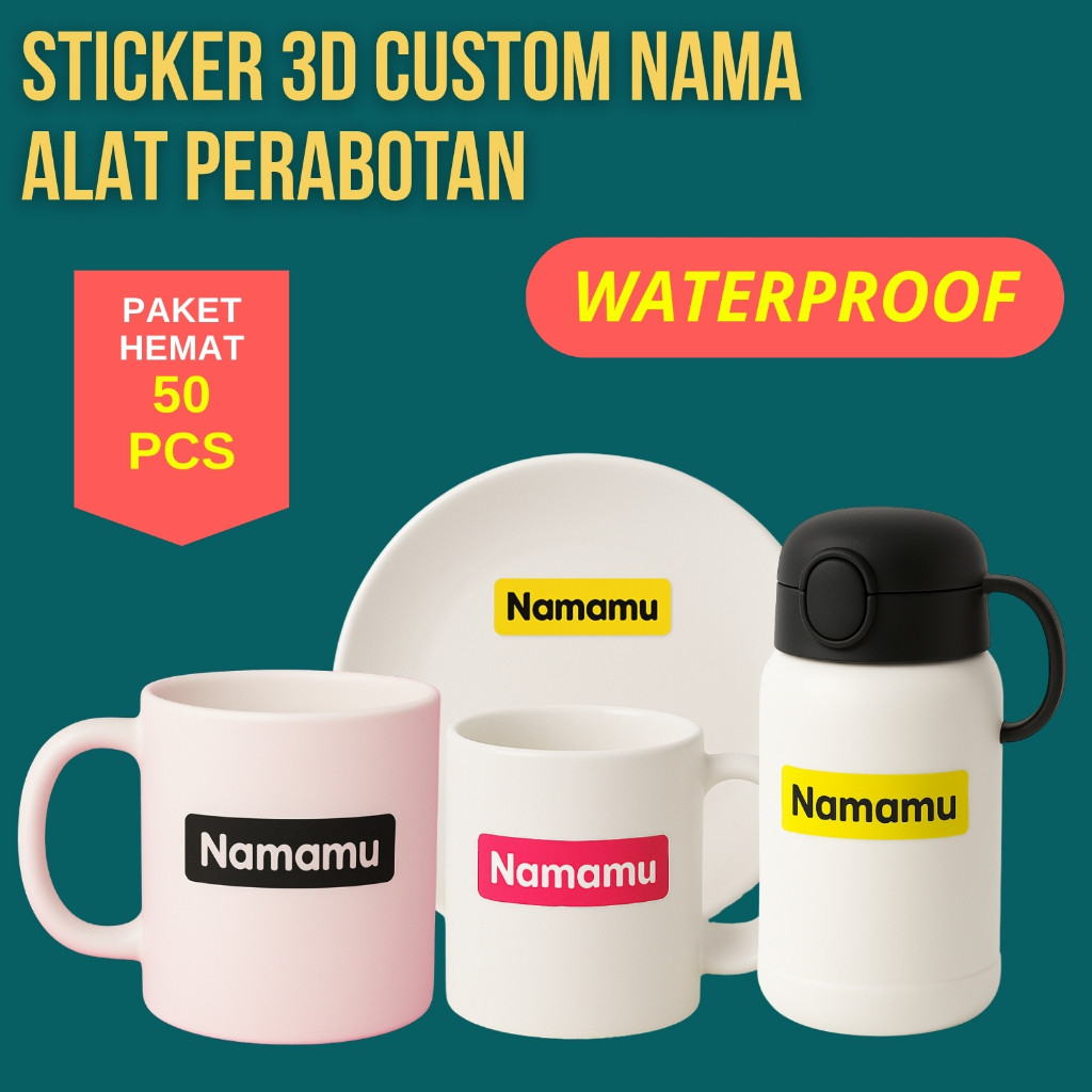 

50 PCS Stiker Waterproof Barang Custom Nama Piring Sendok Botol Gelas Perabotan timbul label