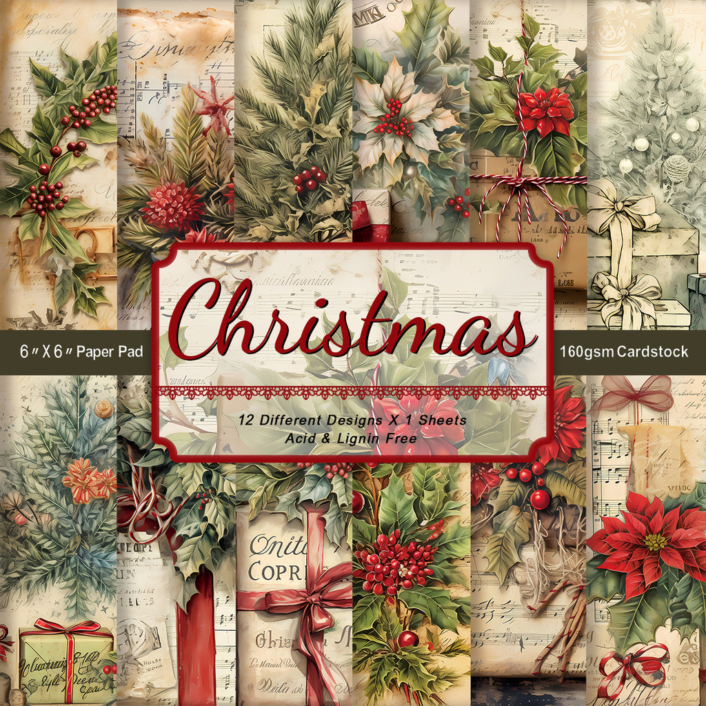 

12pcs Vintage Christmas Decorative Paper-Holly,Poinsettia Design,Diy Craft Supplies For Journaling Scrapbook,Gift Wrapping Decor