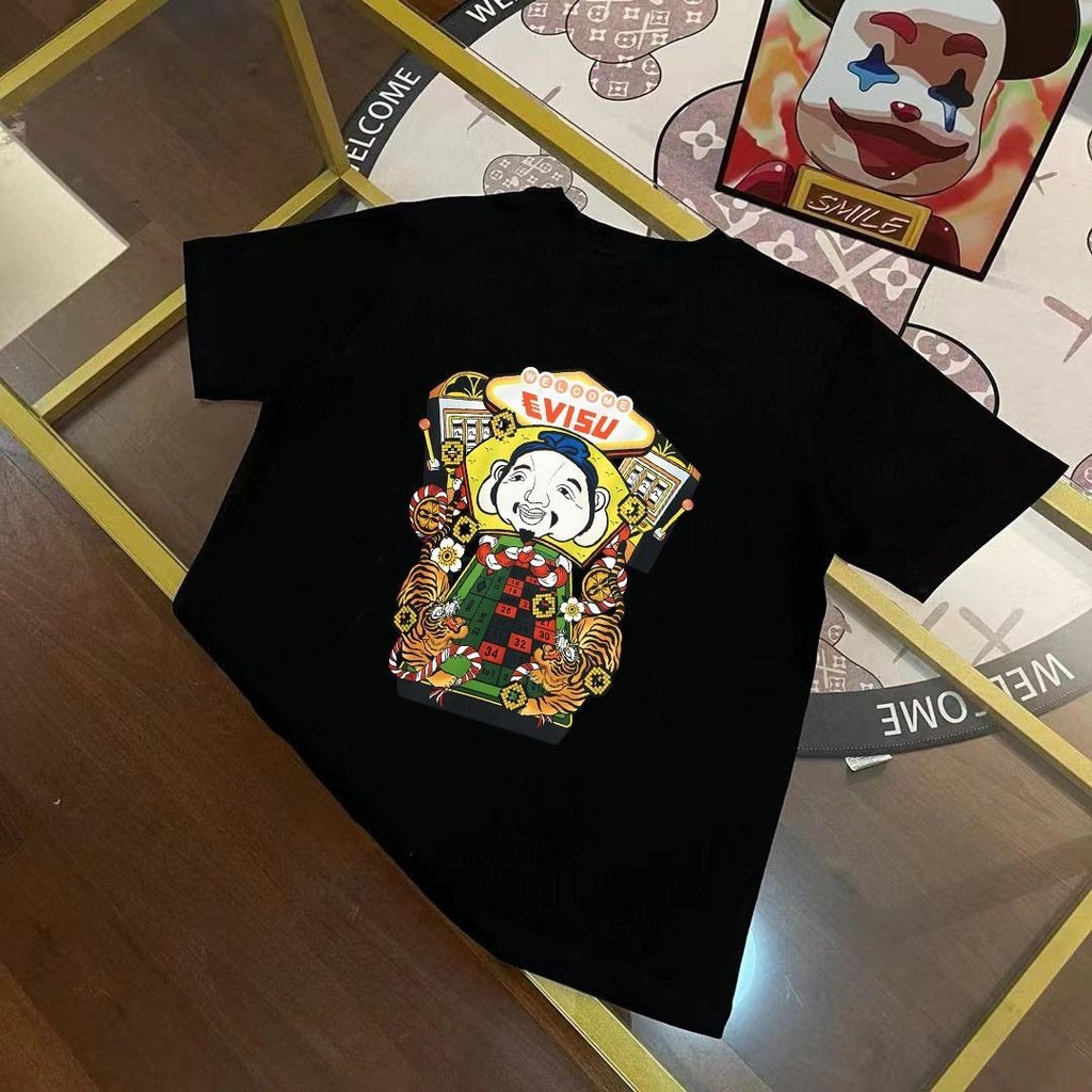 Outlets EVISU 100% Cotton Heavyweight Kaos Boxy Fit T Shirt Unisex Kaos Vintage Pria Wanita  - Offic