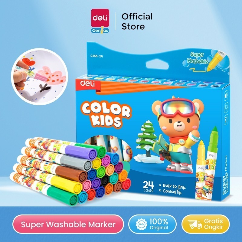 

Deli Jumbo Felt Pen / Color Marker / Spidol Warna Anak 12/24 Warna Mudah Dicuci EC155