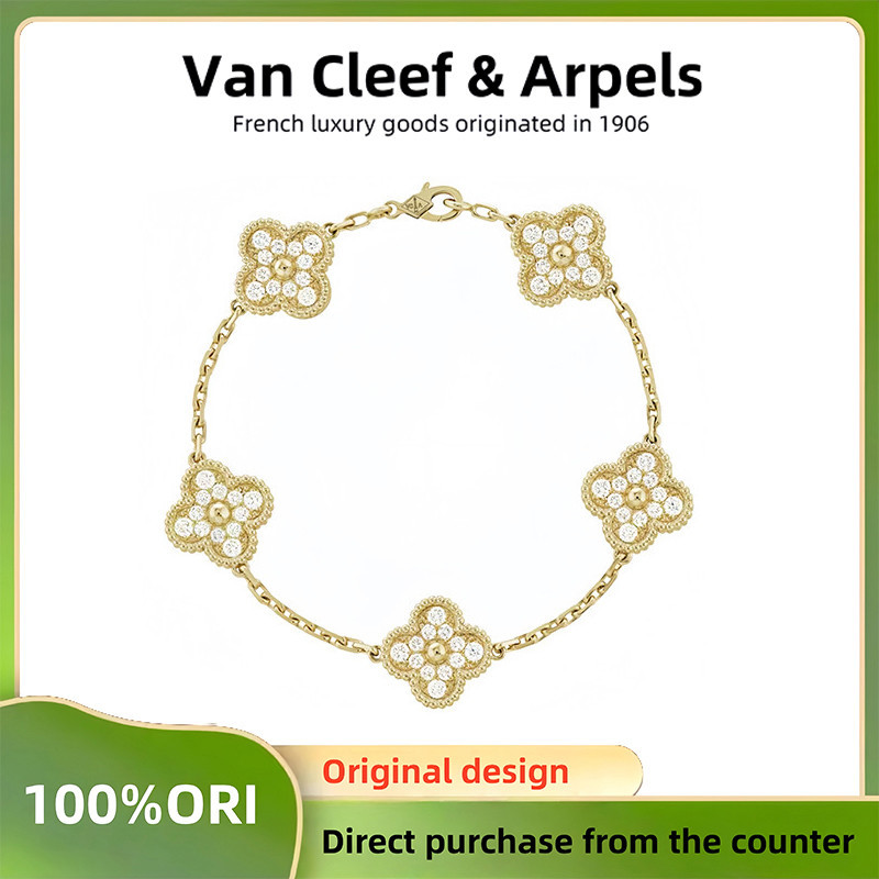 [100% Original]Van Cleef & Arpels Alhamdra Four Leaves Lucky Series Gelang /perhiasan wanita/Yellow 