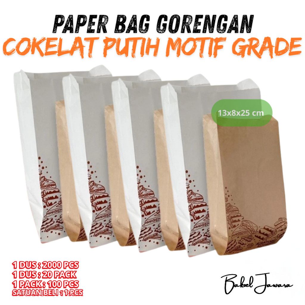 ( 1 PACK 100 PCS ) PAPER BAG GORENGAN MOTIF / KANTONG KERTAS MAKANAN FOOD GRADE WARNA COKLAT PUTIH