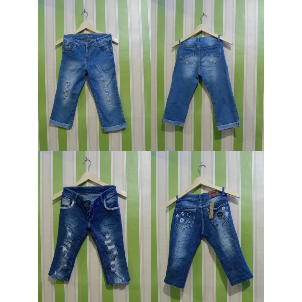 Celana jeans wanita, celana jeans pendek selutut DMS