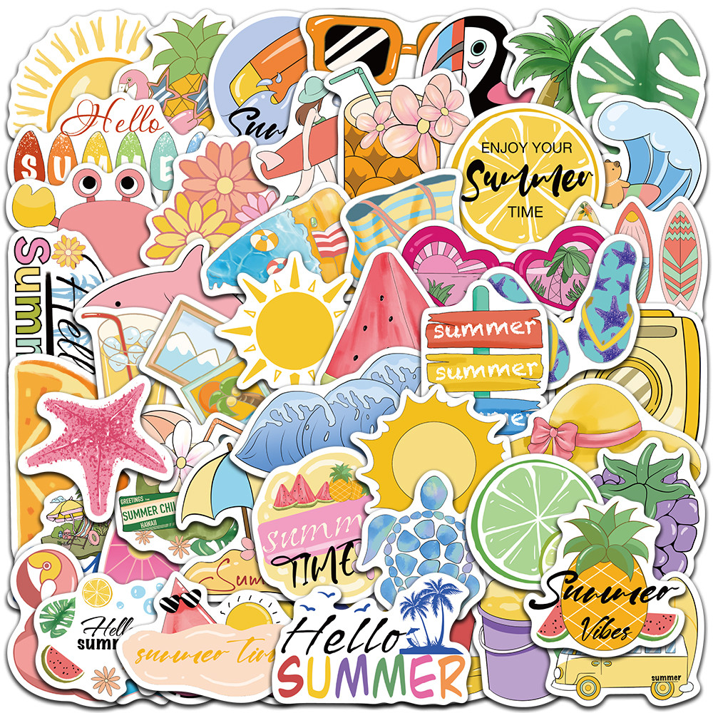 

50pcs Funny Cute Cartoon Summer Chill Vibes Vsco Stickers For Laptop Water Bottle Luggage Notebook Waterproof Vinyl Decals