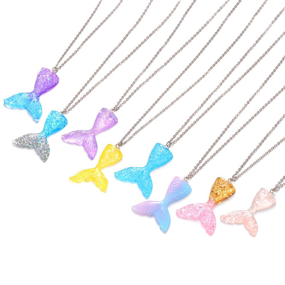 Sparkling Mermaid Fish Tail Pendant Necklace Steel Chain Multicolored Whale Tail Pendant Choker Coll