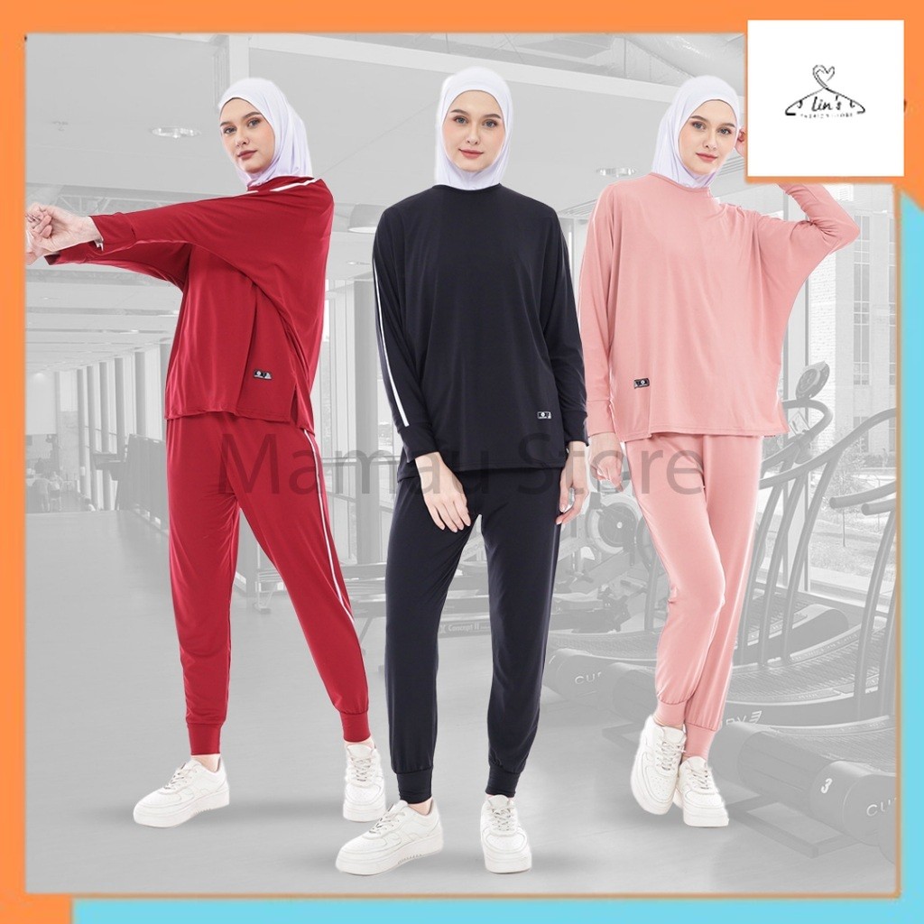 Outfit olahraga Setelan Senam Wanita Baju Olahraga Setelan Muslimah Panjang Celana Kaos Sporty Lari 
