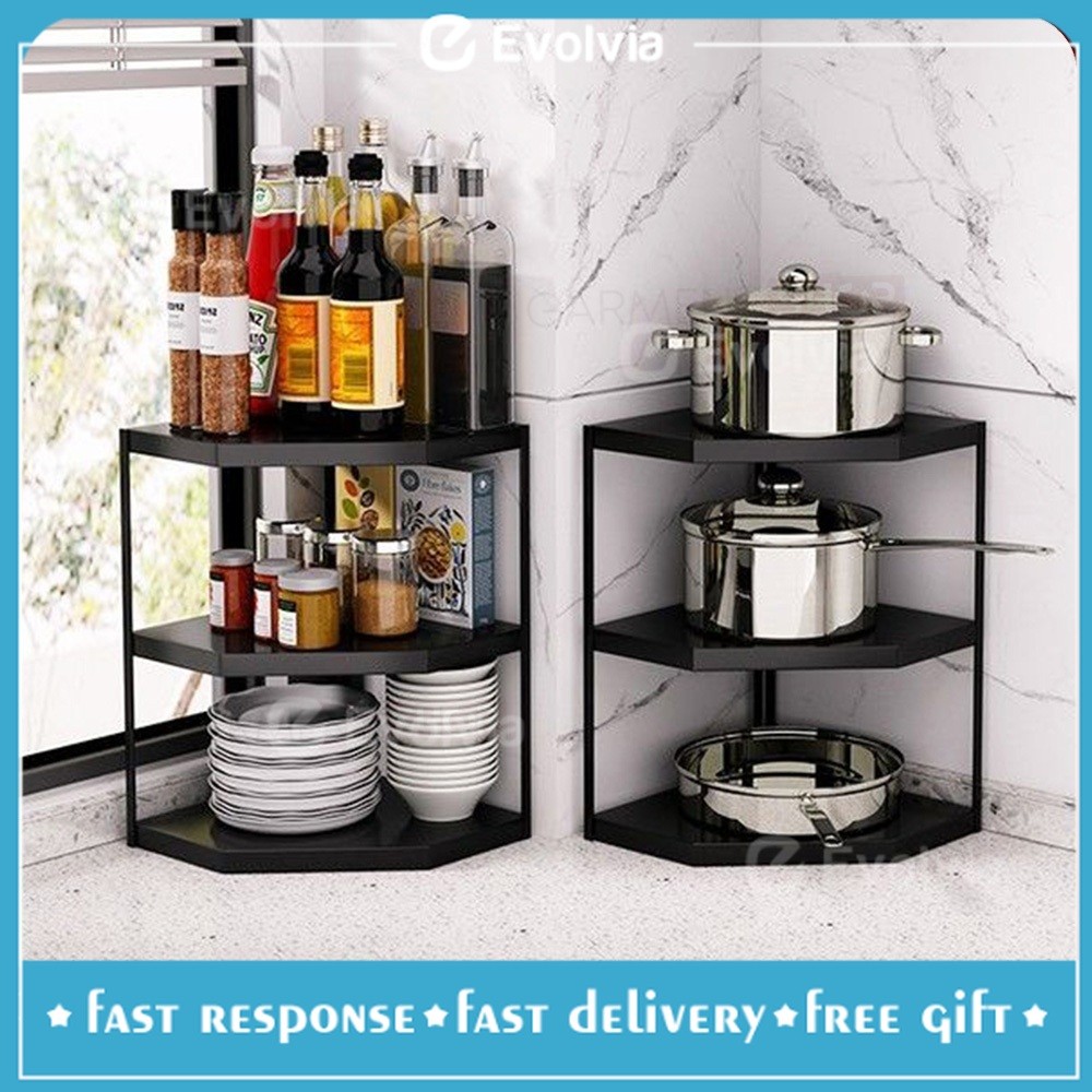 Rak Dapur Susun Sudut Rak Bumbu Meja 2 3 Susun Besi Stainless Steel Anti Karat Kuat Kokoh Hitam Puti