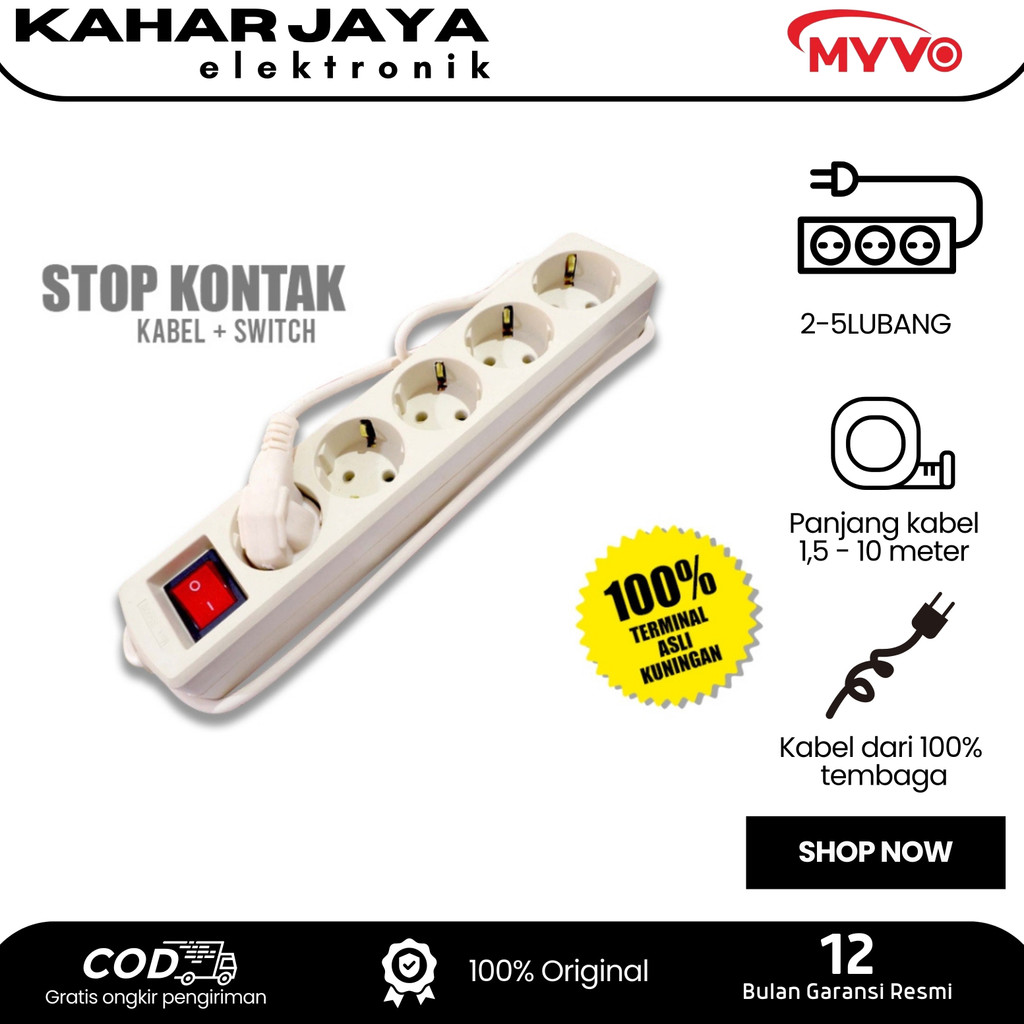 [BISA COD] MYVO STOP KONTAK + KABEL 2/3/4/5 LUBANG 1.5/3/5/10 METER SNI (TERMINAL ASLI KUNINGAN) GAR