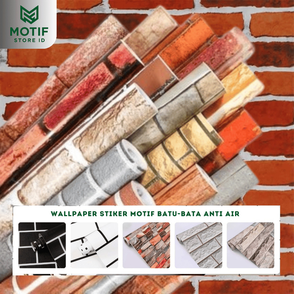 [16 Motif] Wallpaper Sticker Dinding Motif Batu/Bata Modern 8m x 45cm Kotak Garis Merah Daun HIjau K