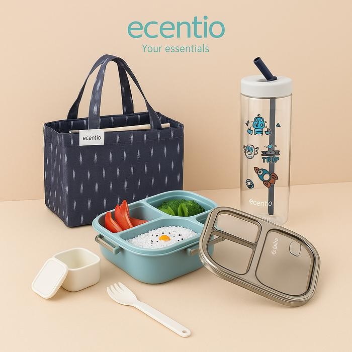 ecentio lunch box set anti tumpah 3 grid 1100ml (lunch box, botol & tas bekal) 1.0