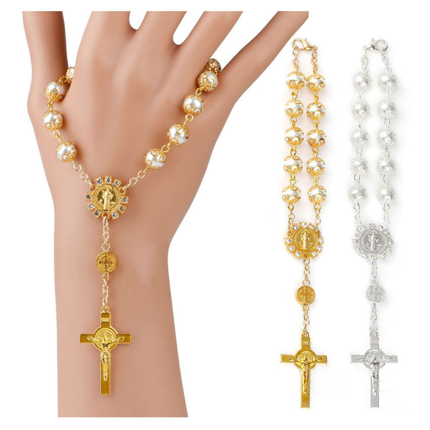 Gelang Rosario Classic Souvenir – 2 Pilihan Warna (Emas/Putih Perak), manik kaca bulat + salib, gaya