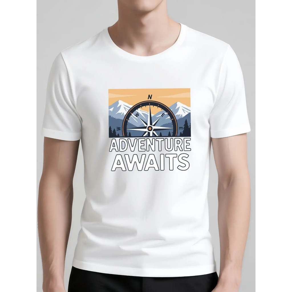Kaos Grafis Petualangan Pria Besar & Tinggi - Lengan Pendek Polyester Bernapas dengan Cetakan Kompas