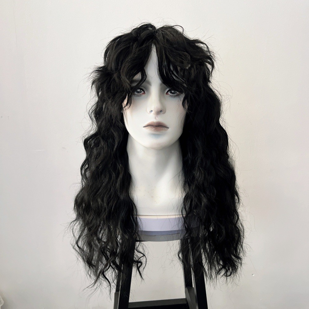 Wig Punk Rock Hitam Panjang Keriting Rambut Halus Pria Rambut Panjang Wig Sintetis Pabrik Grosir
