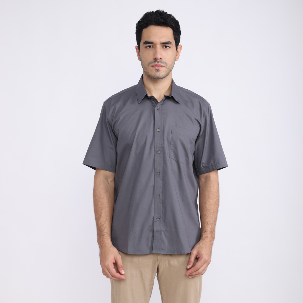 LARUSSO Kemeja Poplin Slim Fit Pria Lengan Pendek - Grey