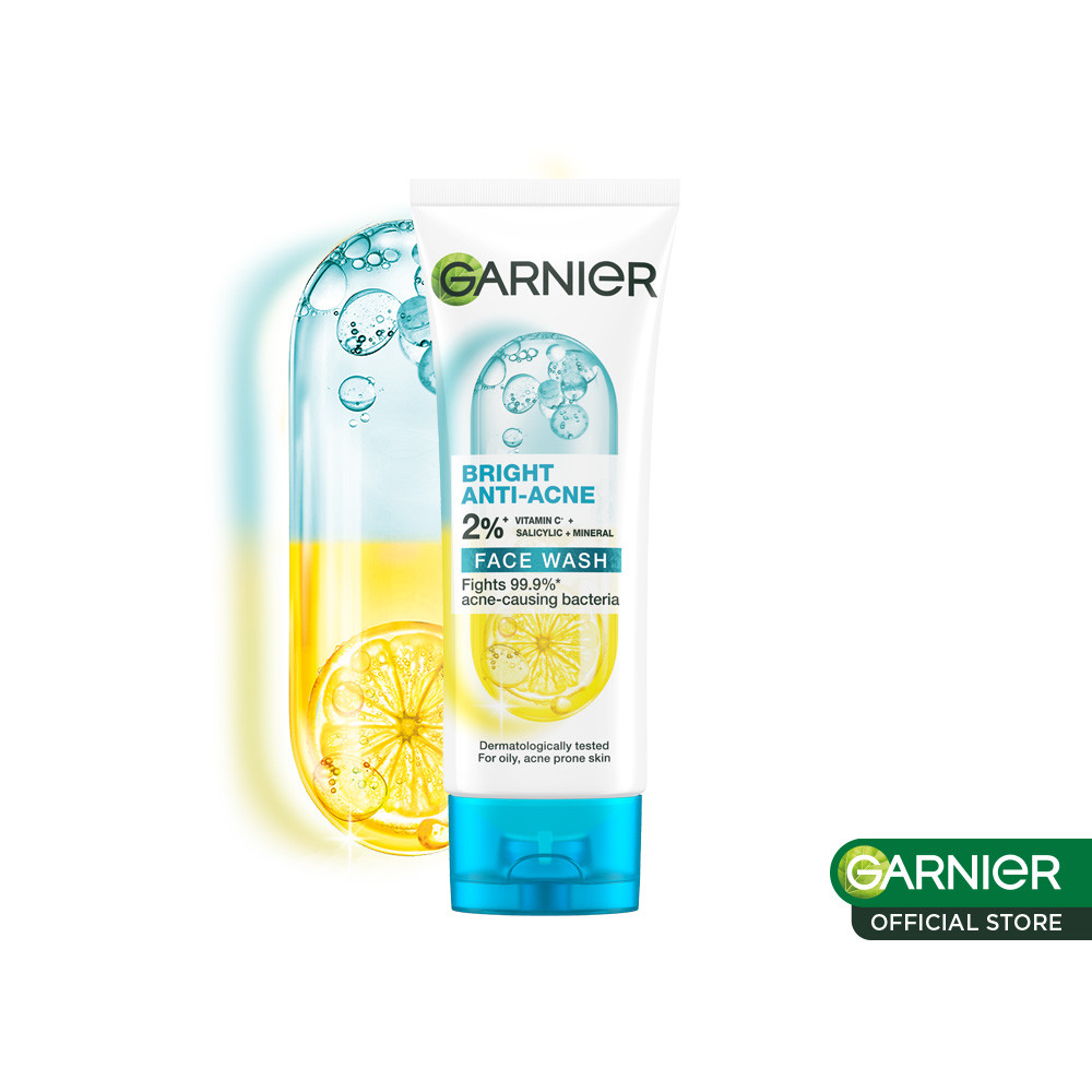 Garnier Face Wash 100ml Bright Anti-Acne 2% Vitamin C Salicylic+Mineral - Skincare Pembersih Wajah L