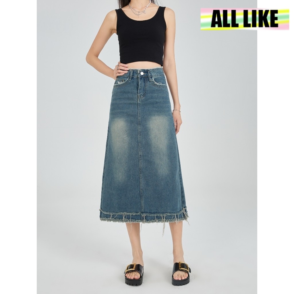 【All Like】Rok Denim Panjang Wanita model vintage / Rok Jeans Wanita / Rok Jeans Retro / High Waist J