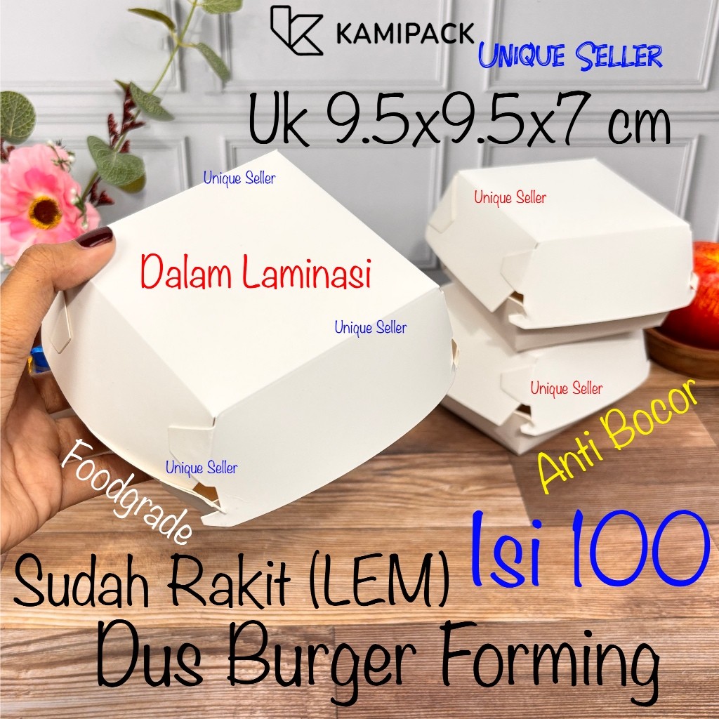 Dus Box Burger Ivory Forming (LEM) isi 100 pcs Uk 9.5x9.5x7 cm Anti Bocor Laminasi KAMIPACK Putih Iv