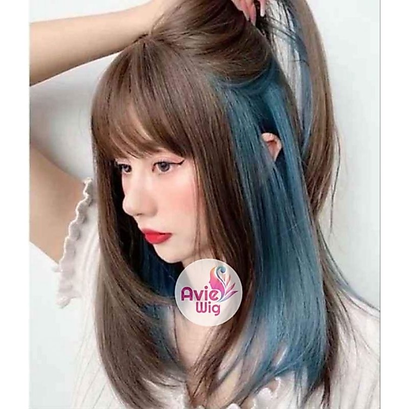 Wig Rambut palsu wanita sebahu / wig cwe model dobel warna brown dan Blue