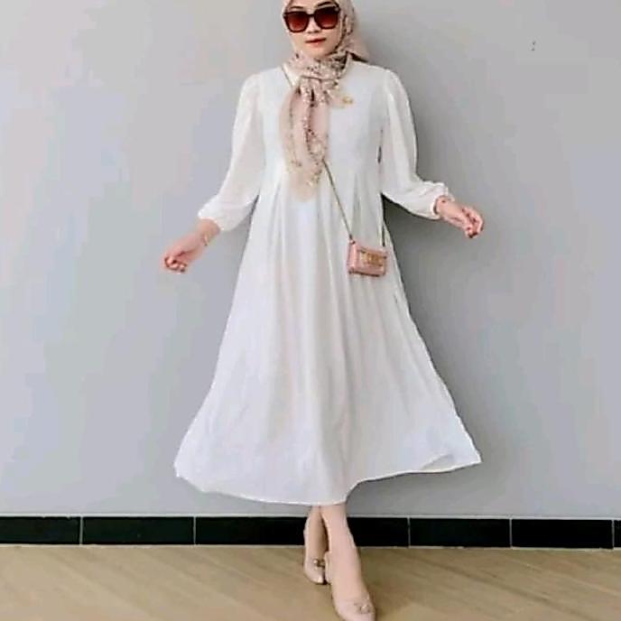 Fashion Wanita Alesya MIDI Dress Gamis Putih Polos Size S M L XL Gamis Remaja Gamis Crinkle Airflow 