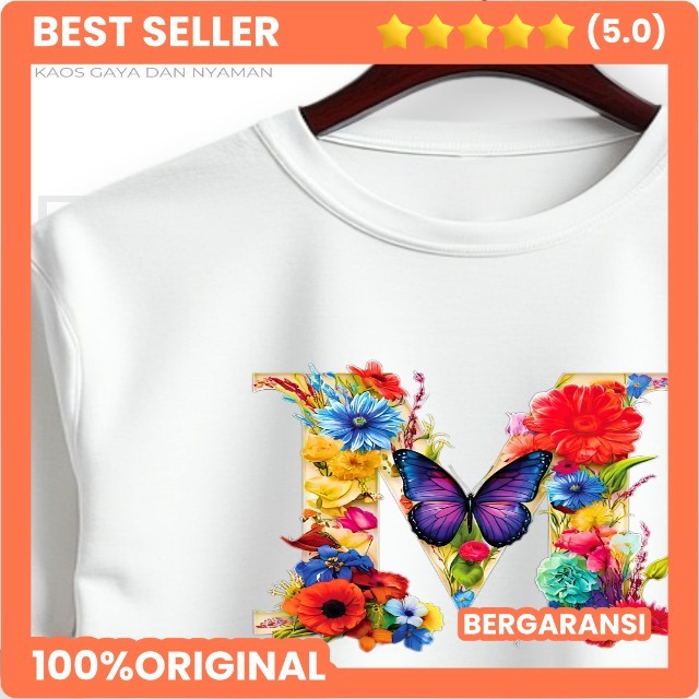 ABJAD-M - Baju Kaos Abjad Alphabet Huruf M Wanita | Baju Kaos Lengan Pendek Katun Asli Inisial Huruf